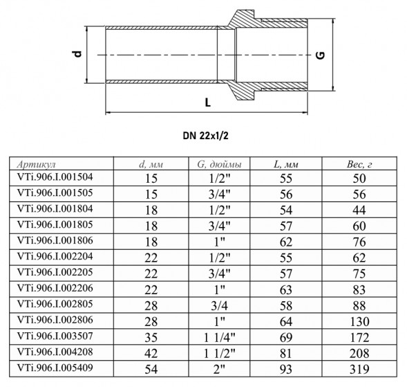 Вставка VALTEC VTi.906.I НР 1/2&amp;quot; DN 22x15 PN 16 нержавеющая сталь
