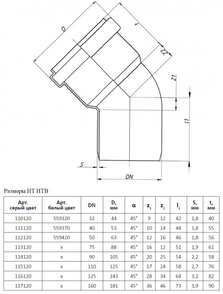 Отвод канализационный PP-H Ostendorf HT HTB DN 125х45° цвет серый