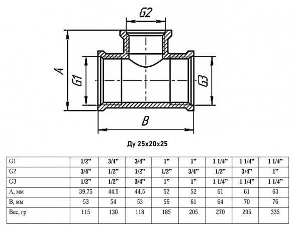 Тройник переходной VALFEX VF.750 ВР 1&amp;quot;х3/4&amp;quot;х1&amp;quot; Ду 25x20x25 Ру 40 латунный
