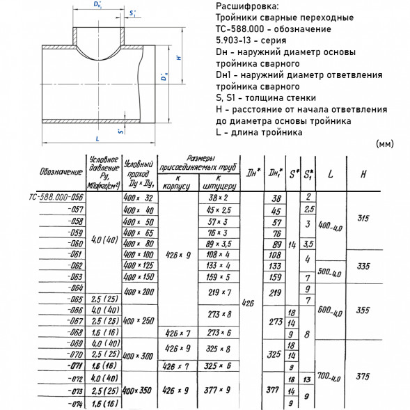 Тройник стальной 426x9-159х5 4 ТС-588.000 серия 5.903-13 переходный сварной