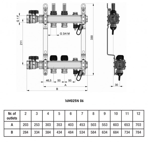 Коллекторная группа BARBERI 16M 6-ти контурный ВР-НР 1&amp;quot;x3/4&amp;quot; DN 25 PN 6 с регулирующими клапанами