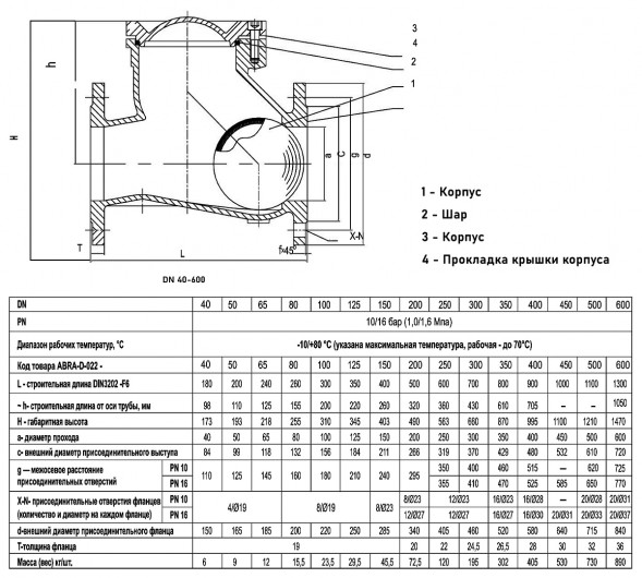 Клапан обратный ABRA D-022 DN 100 PN 16/10 канализационный шаровый фланцевый