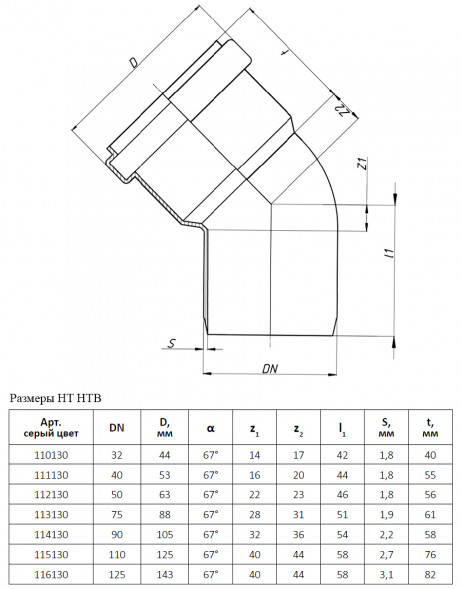 Отвод канализационный PP-H Ostendorf HT HTB DN 75х67° цвет серый