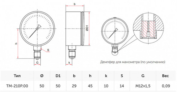 Манометр РОСМА ТМ-210Р.00 (0…40 МПа) Дкорп=50мм кл. 2,5 М12х1,5 кислород, сварочный общетехнический радиальный 00000004079