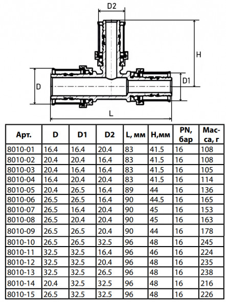 Тройник переходной латунный Aquasfera 8010 DN 16.4х16.4х20.4 PN 16 покрытие - никель, пресс, 8010-01