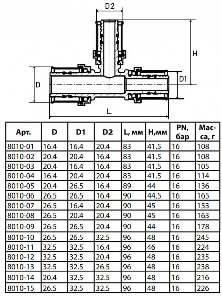 Тройник переходной латунный Aquasfera 8010 DN 16.4х20.4х20.4 PN 16 покрытие - никель, пресс, 8010-04