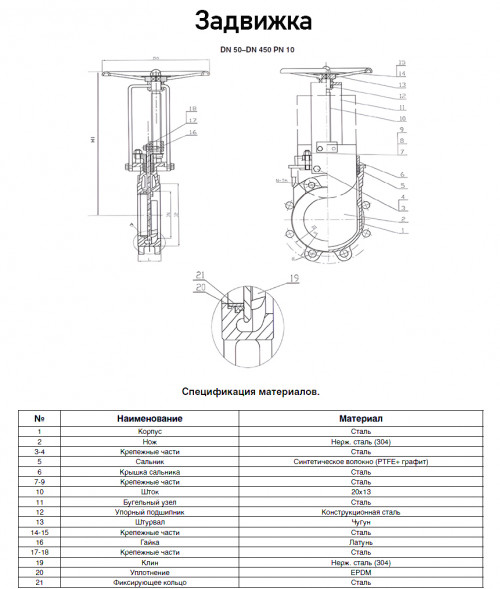 Задвижка Kvant KV02 DN 50 PN 10 шиберная межфланцевая со штурвалом