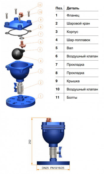 Вантуз автоматический Benarmo DN 25 PN 16 с монтажным фланцем DN 40/50/65 вертикальный