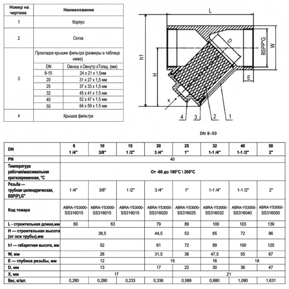 Фильтр сетчатый ABRA YS-3000-SS316 ВР 3/8&amp;quot; DN 10 PN 40 резьбовой нержавеющая сталь