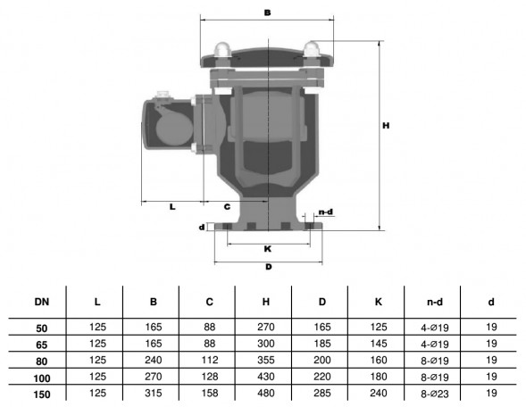 Вантуз автоматический Benarmo DN 65 PN 10/16 двухкамерный тройного действия фланцевый угловой