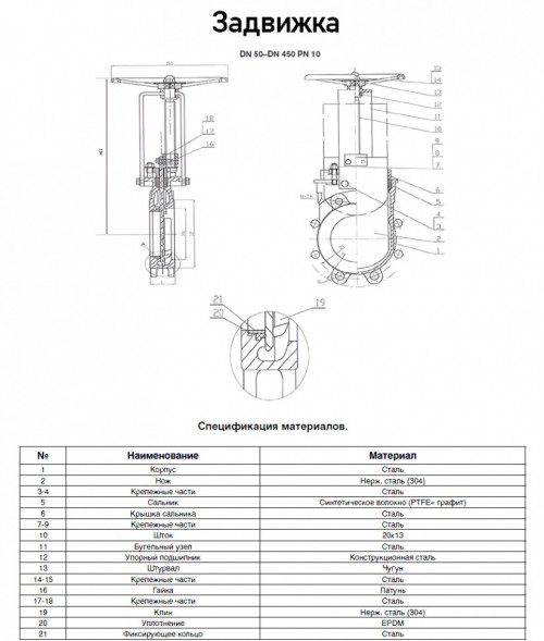 Задвижка Kvant KV02 DN 125 PN 10 шиберная межфланцевая со штурвалом