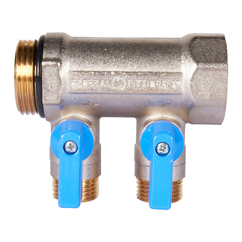 Коллектор распределительный STOUT SMB 6211 2 отвода ВР-НР 1&amp;quot;х1/2&amp;quot; DN 25 PN 10 с шаровыми кранами синяя рукоятка уплотнительное кольцо