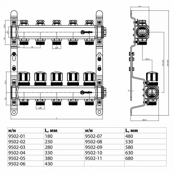 Коллекторная группа из нержавеющей стали Aquasfera 9502 DN 20/25 PN 10 резьба - 1&amp;quot;х3/4&amp;quot;х4, под евроконус с регулирующими балансировочными клапанами, с дренажным краном, резьбовая ВР-НР, 9502-03