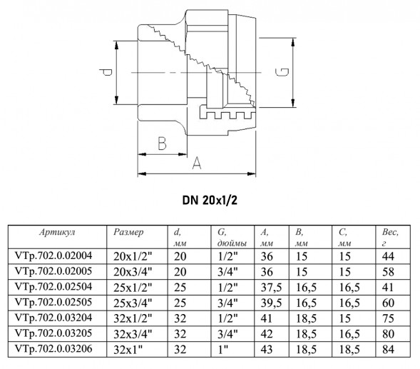 Переходник VALTEC VTp.702 ВР 1/2&amp;quot; DN 20x15 PN 25 полипропиленовый комбинированный