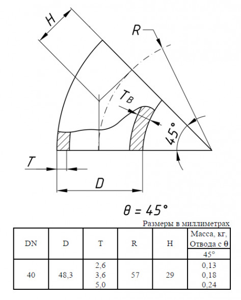 Отвод стальной 45-1-48,3х2,6-09Г2С ГОСТ 17375-2001 бесшовный крутоизогнутый