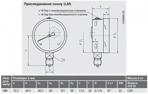 Манометр 232.50.100 радиальный Дк100мм 0-16 бар кл.1,0 G1/2&amp;quot; Wika 9060200 (36498009)