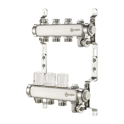 Коллекторная группа из нержавеющей стали Aquasfera 9502 DN 20/25 PN 10 резьба - 1&amp;quot;х3/4&amp;quot;х7, под евроконус с регулирующими балансировочными клапанами, с дренажным краном, резьбовая ВР-НР, 9502-06