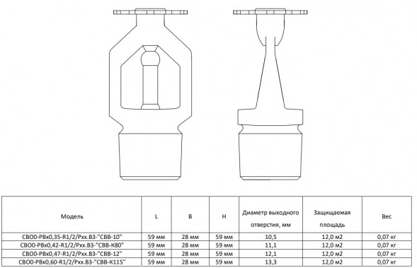 Ороситель спринклерный СВО0-РВо0,60-R1/2/Р182.В3-&amp;quot;СВВ-К115&amp;quot; водяной с резьбовым герметиком, колба D=5 мм