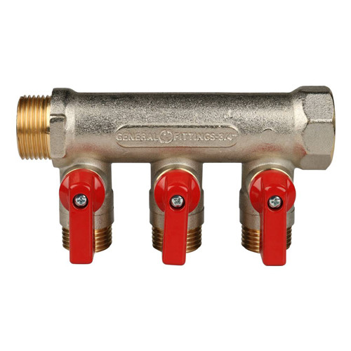 Коллектор распределительный STOUT SMB 6200 3 отвода ВР-НР 3/4&amp;quot;х1/2&amp;quot; DN 20 PN 10 с шаровыми кранами красная рукоятка