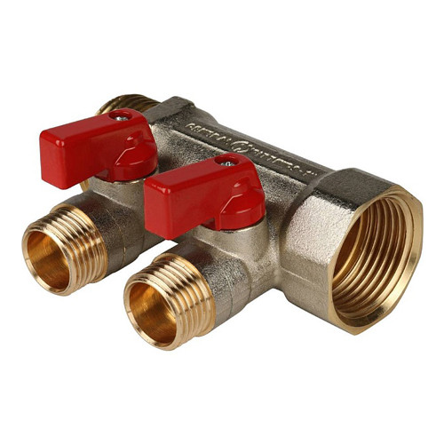 Коллектор распределительный STOUT SMB 6200 2 отвода ВР-НР 1&amp;quot;х1/2&amp;quot; DN 25 PN 10 с шаровыми кранами красная рукоятка
