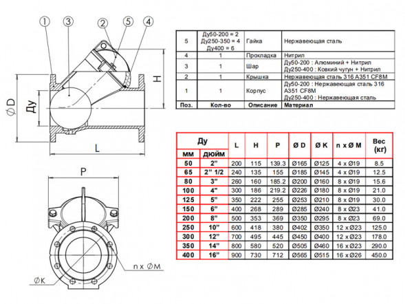 Клапан Tecofi CBL6240 DN 400 обратный шаровый фланцевый PN 10
