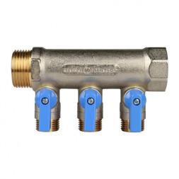 Коллектор распределительный STOUT SMB 6201 3 отвода ВР-НР 1&amp;quot;х1/2&amp;quot; DN 25 PN 10 с шаровыми кранами синяя рукоятка