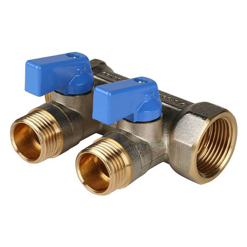 Коллектор распределительный STOUT SMB 6201 2 отвода ВР-НР 3/4&amp;quot;х1/2&amp;quot; DN 20 PN 10 с шаровыми кранами синяя рукоятка