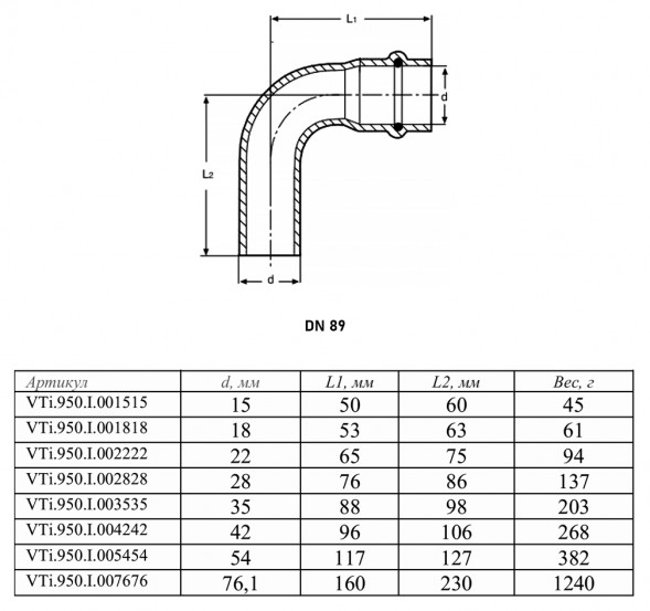Угольник 90 градусов VALTEC VTi.950.I DN 89 PN 16 однораструбный нержавеющая сталь