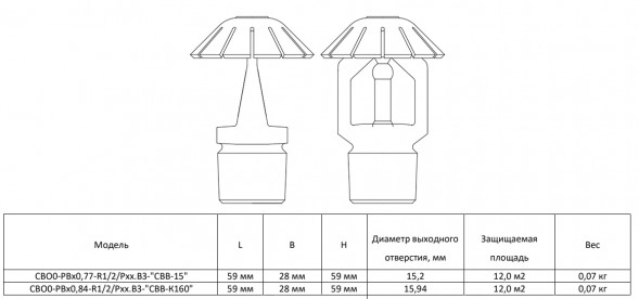 Ороситель спринклерный СВО0-РВд0,77-R1/2/Р182.В3-&amp;quot;СВВ-15&amp;quot;- белый (RAL 9016) водяной с резьбовым герметиком колба D=5 мм