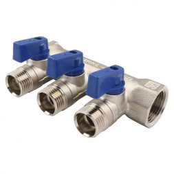Коллектор распределительный Tiemme Nino 1820003 3 отвода ВР-НР 3/4&amp;quot;х1/2&amp;quot; DN 20 PN 16 с шаровыми кранами синяя рукоятка модульный