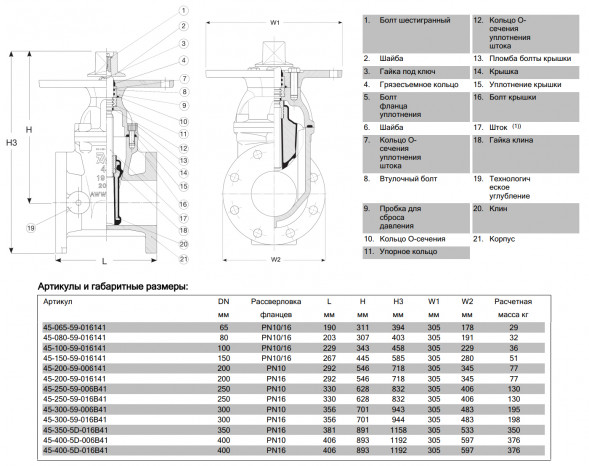Задвижка AVK 45/59 DN 400 PN 16 клиновая фланцевая 250 PSI/17.2 бар