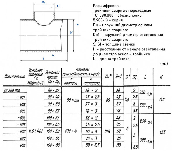 Тройник стальной 108x4-76х3 4 ТС-588.000 серия 5.903-13 переходный сварной