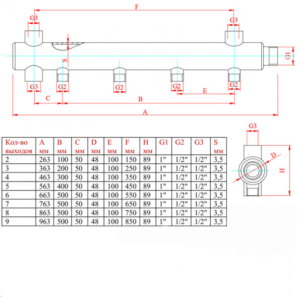 Коллектор распределительный VALTEC VTc.510.BS.060403 3 отвода ВР-НР 1&amp;quot;x1/2&amp;quot; DN 25 PN 16 без регулировки
