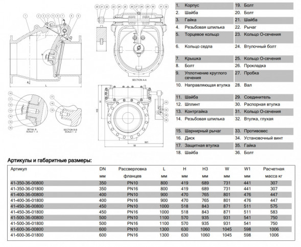 Клапан AVK 41/36 DN 450 PN 10 обратный поворотный с металлическим уплотнением фланцевый
