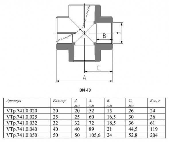 Крестовина VALTEC VTp.741 DN 40 PN 25 полипропиленовая