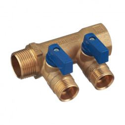 Коллектор распределительный Tiemme Nino 1820002 2 отвода ВР-НР 3/4&amp;quot;х1/2&amp;quot; DN 20 PN 16 с шаровыми кранами синяя рукоятка модульный