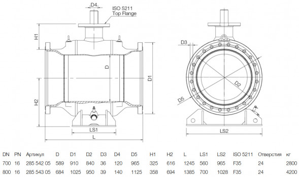 Кран шаровой NAVAL 28554305 DN 800 PN 16 стальной стандартнопроходный фланцевый