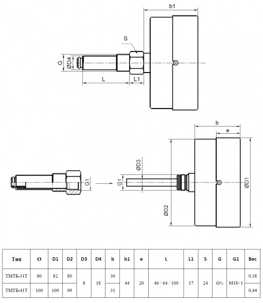 Термоманометр РОСМА ТМТБ-31T.3 (0...1,6 МПа) Дкорп=80мм L=100мм кл. 2,5 G1/2&amp;quot; Траб= 0...+150°C осевой 00000002306