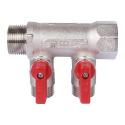 Коллектор распределительный Tiemme Nino 1820004 2 отвода ВР-НР 3/4&amp;quot;х1/2&amp;quot; DN 20 PN 16 с шаровыми кранами красная рукоятка модульный
