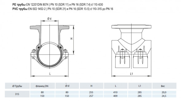 Врезной хомут HAWLE 5230 DN 315/80 PN 16 фланцевый системы Haku