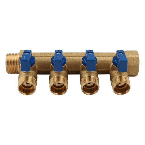 Коллектор распределительный Tiemme Nino 1820016 4 отвода ВР-НР 3/4&amp;quot;х1/2&amp;quot; DN 20 PN 16 с шаровыми кранами синяя рукоятка модульный