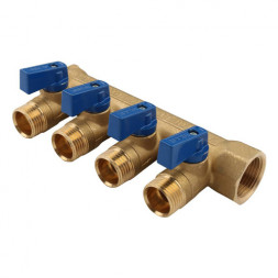 Коллектор распределительный Tiemme Nino 1820016 4 отвода ВР-НР 3/4&amp;quot;х1/2&amp;quot; DN 20 PN 16 с шаровыми кранами синяя рукоятка модульный