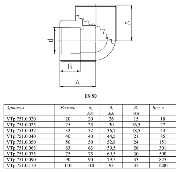 Угольник 90 градусов VALTEC VTp.751 DN 50 PN 25 полипропиленовый