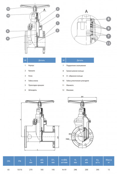 Задвижка GROSS DN 65 PN 10/16 фланцевая с обрезиненным клином с маховиком длинная