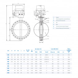 Затвор DENDOR 017W DN 1000 PN 10 поворотный дисковый межфланцевый чугунный с электроприводом