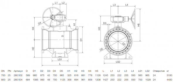 Кран шаровой NAVAL 280502 DN 700 PN 25 стальной стандартнопроходный фланцевый для газа с редуктором