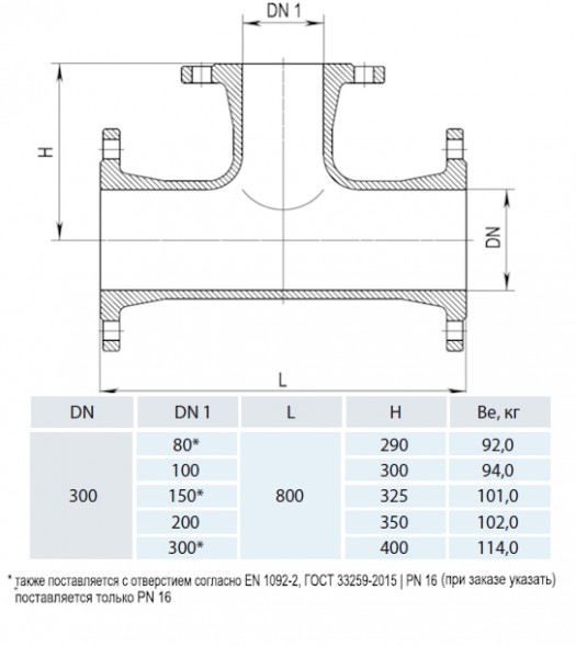 Тройник фланцевый HAWLE 8510 DN 300-80 PN 16