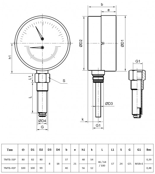 Термоманометр РОСМА ТМТБ-41Р.2 (0...1,6 МПа) Дкорп=100мм L=64мм кл. 2,5 G1/2&amp;quot; Траб= 0...+150°C радиальный 00000002367