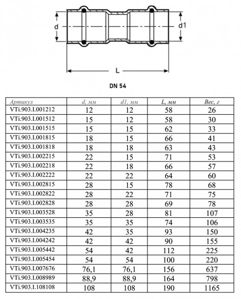 Муфта VALTEC VTi.903.I DN 54 PN 16 двухраструбная нержавеющая сталь