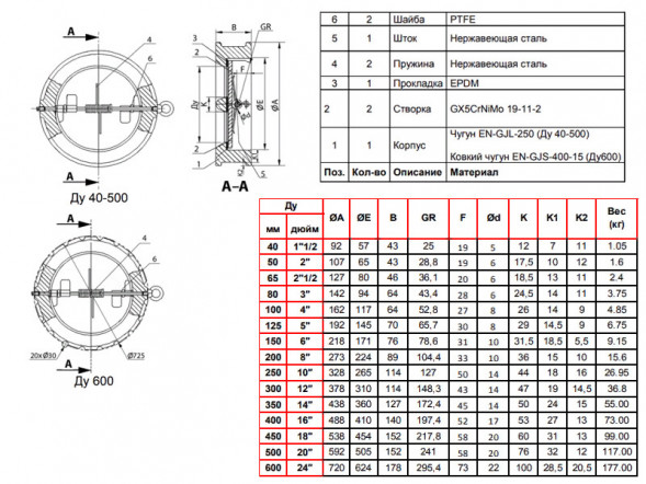 Клапан Tecofi CB3449-EPA DN 300 обратный двухстворчатый межфланцевый PN 16